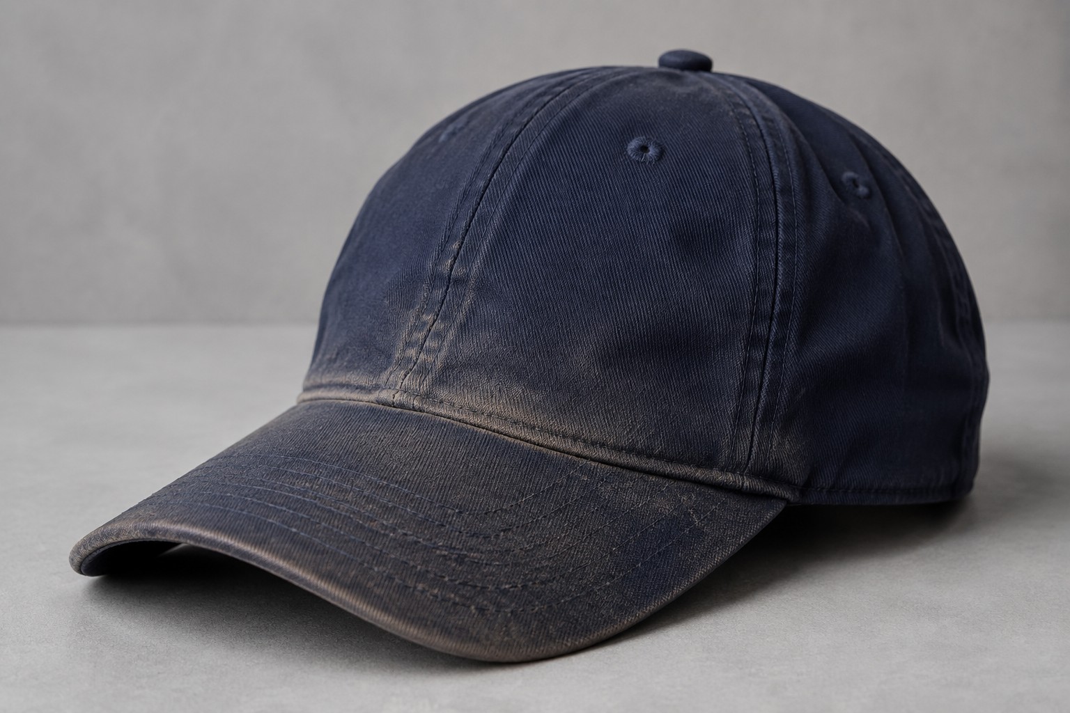 The same illustrative navy hat with sweat marks