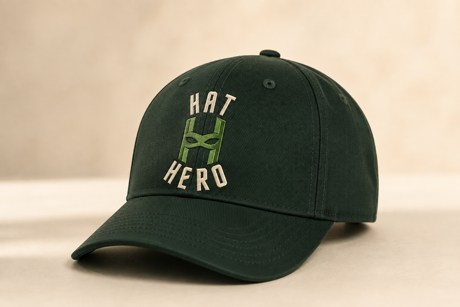 Forest-green Hat Hero cap with embroidered logo on a cream background; concept mockup